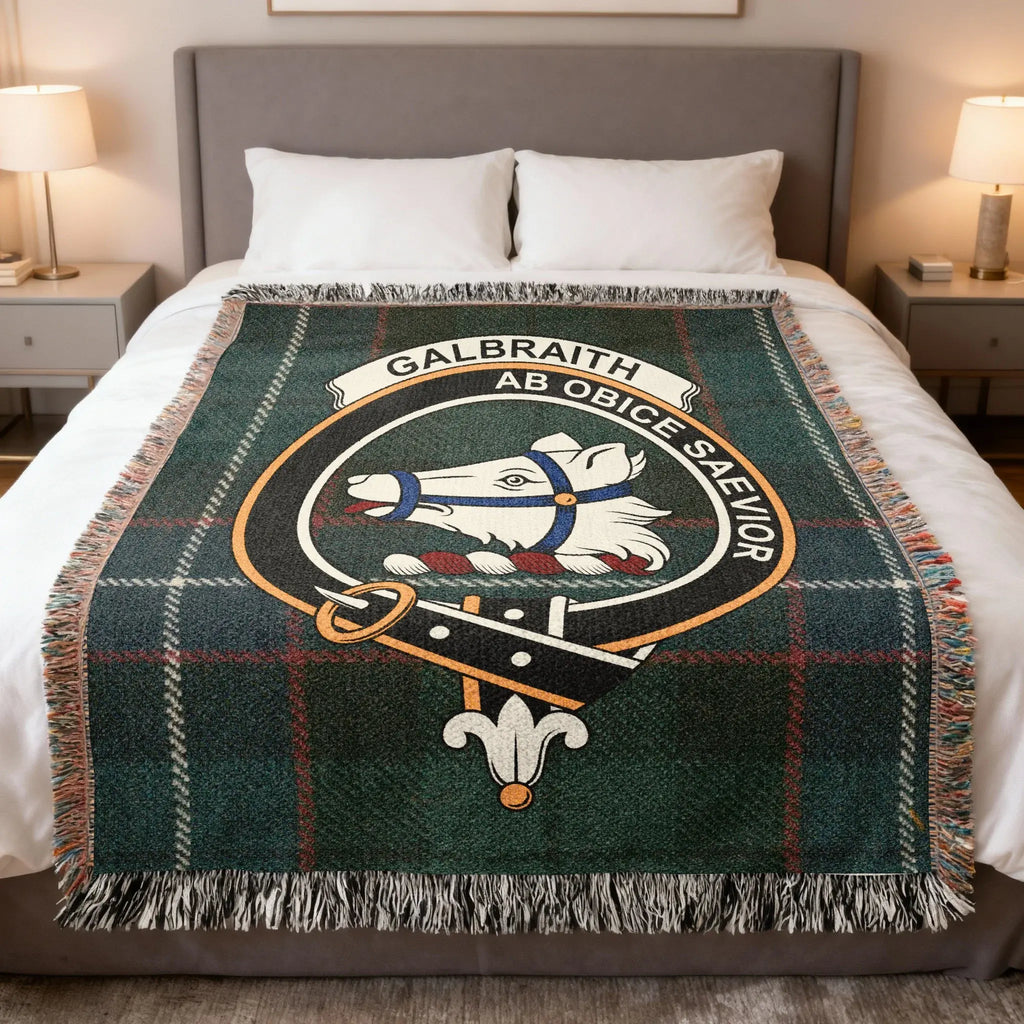Clan Galbraith woven tartan blanket — full view showing clan crest and fringe edge