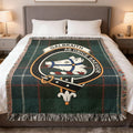Clan Galbraith woven tartan blanket — full view showing clan crest and fringe edge