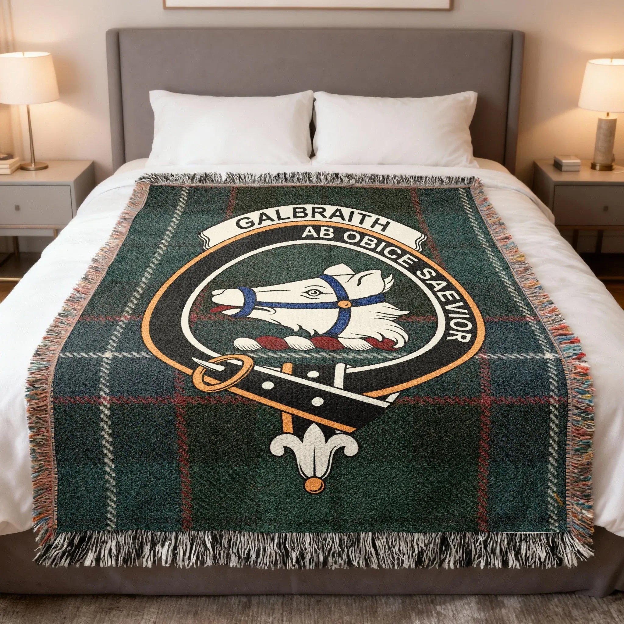 Clan Galbraith woven tartan blanket — full view showing clan crest and fringe edge