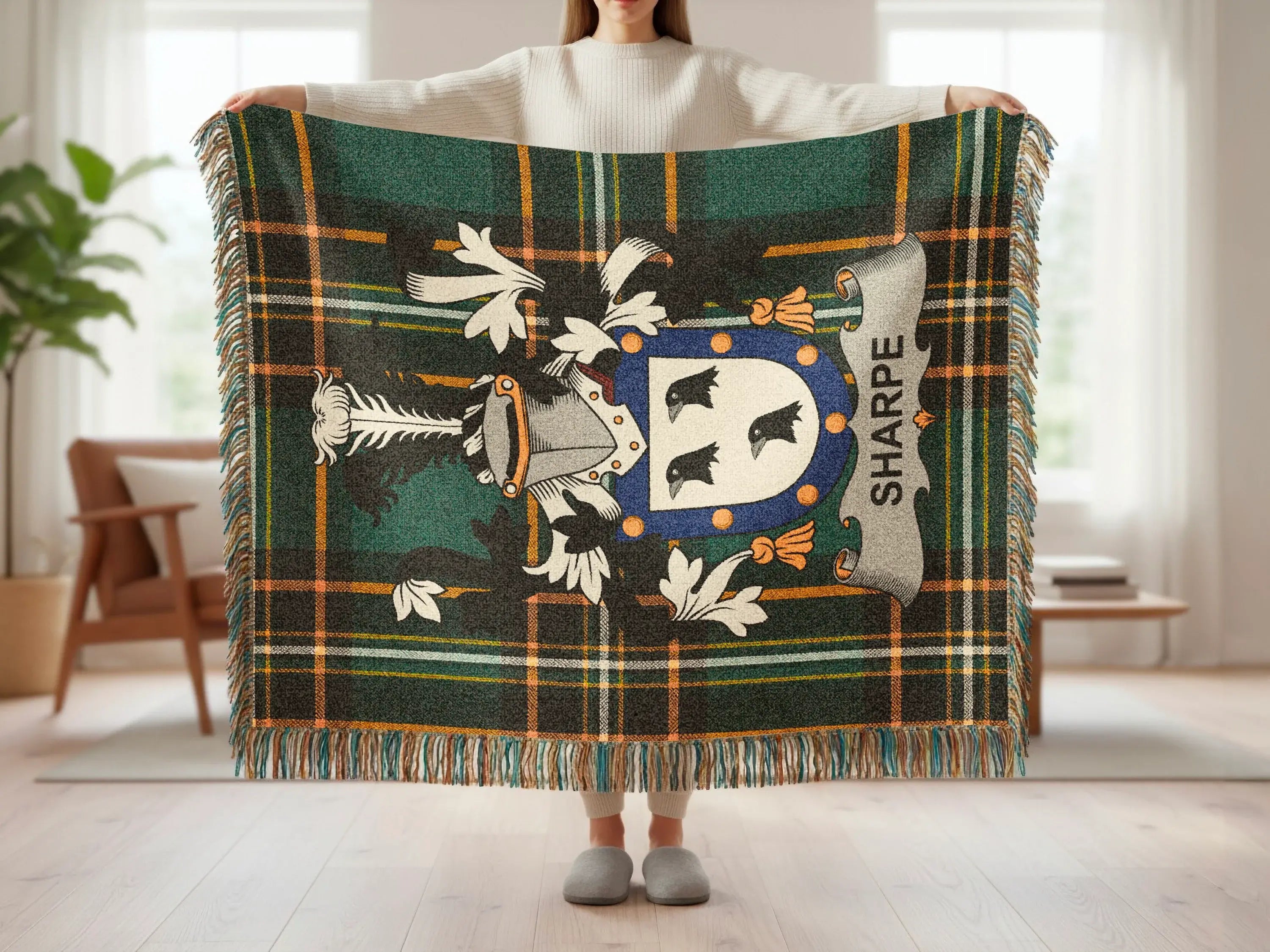 Tartan blanket featuring a coat of arms with "SHARPE" text.