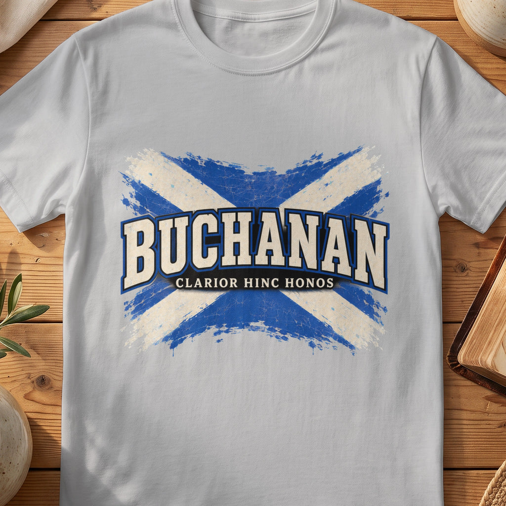 Buchanan Scottish Saltire T-shirt in Sport Grey, with distressed blue and cream flag and “Clarior Hinc Honos” lettering.