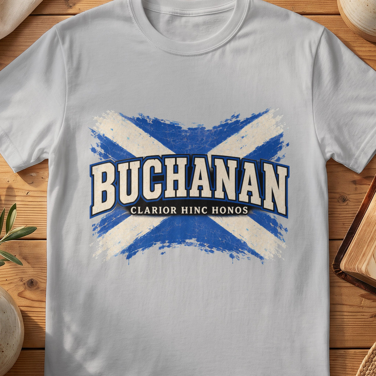 Buchanan Scottish Saltire T-shirt in Sport Grey, with distressed blue and cream flag and “Clarior Hinc Honos” lettering.