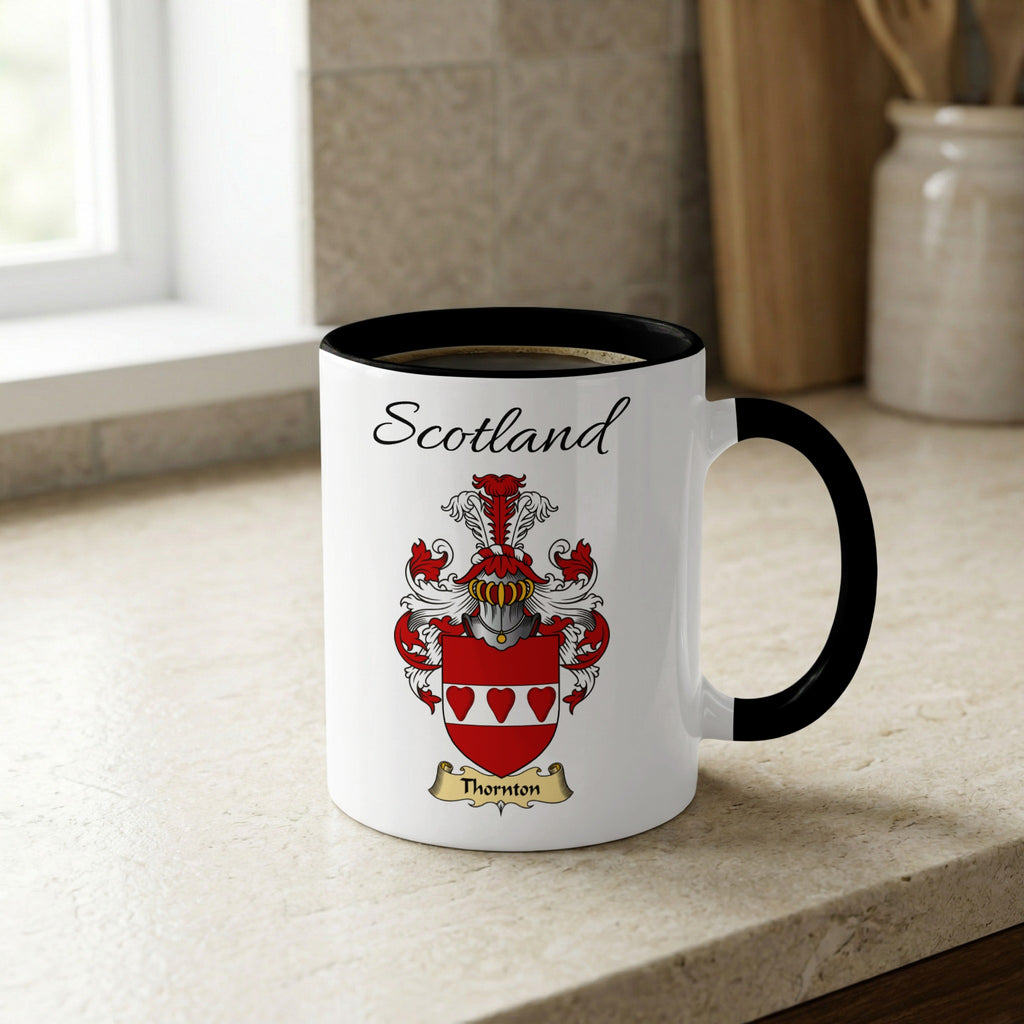 Thornton Scottish family crest accent mug with Scotland lettering and coat of arms artwork