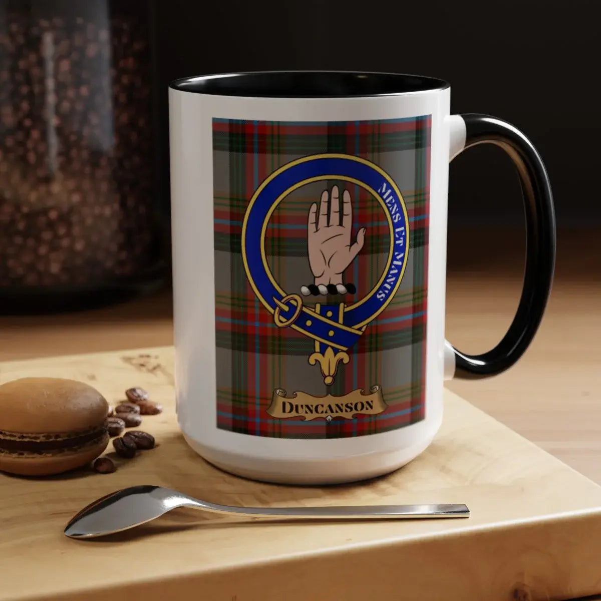 Close-up of the Duncanson clan crest printed on a ceramic mug