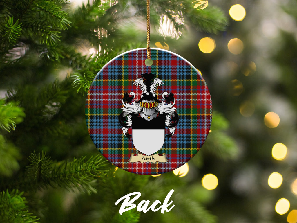 Double-sided Airth ceramic ornament with family shield and Caledonia tartan background