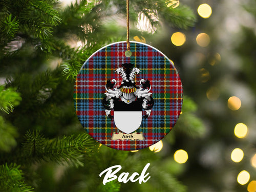 Double-sided Airth ceramic ornament with family shield and Caledonia tartan background