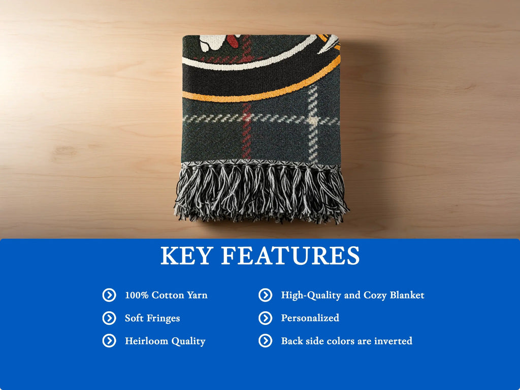 Galbraith woven blanket draped over chair — 60x50 inch size showing fringe and tartan weave