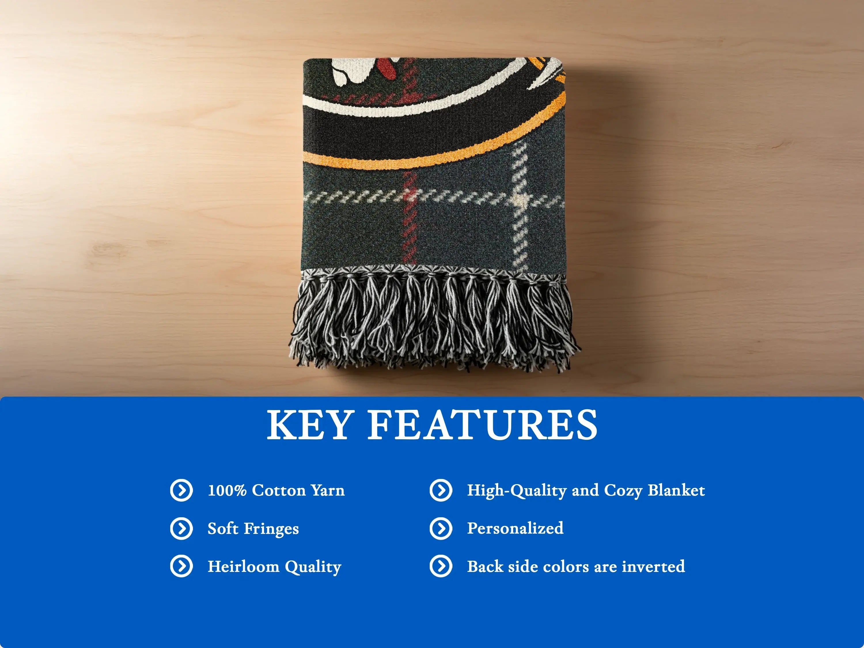 Galbraith woven blanket draped over chair — 60x50 inch size showing fringe and tartan weave