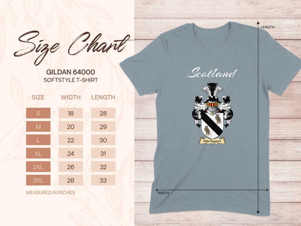 Gildan 64000 size chart for MacTaggart Scottish family shield T-shirt
