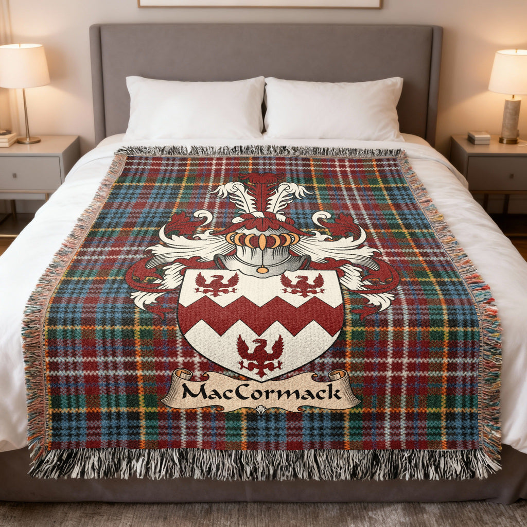 MacCormack Caledonia tartan heritage woven throw blanket with family shield