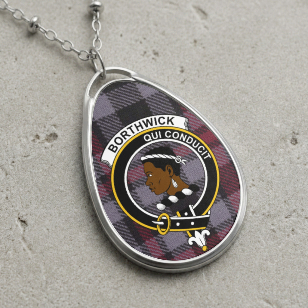 Borthwick clan Scottish tartan necklace with clan crest and Qui Conducit motto on tartan background