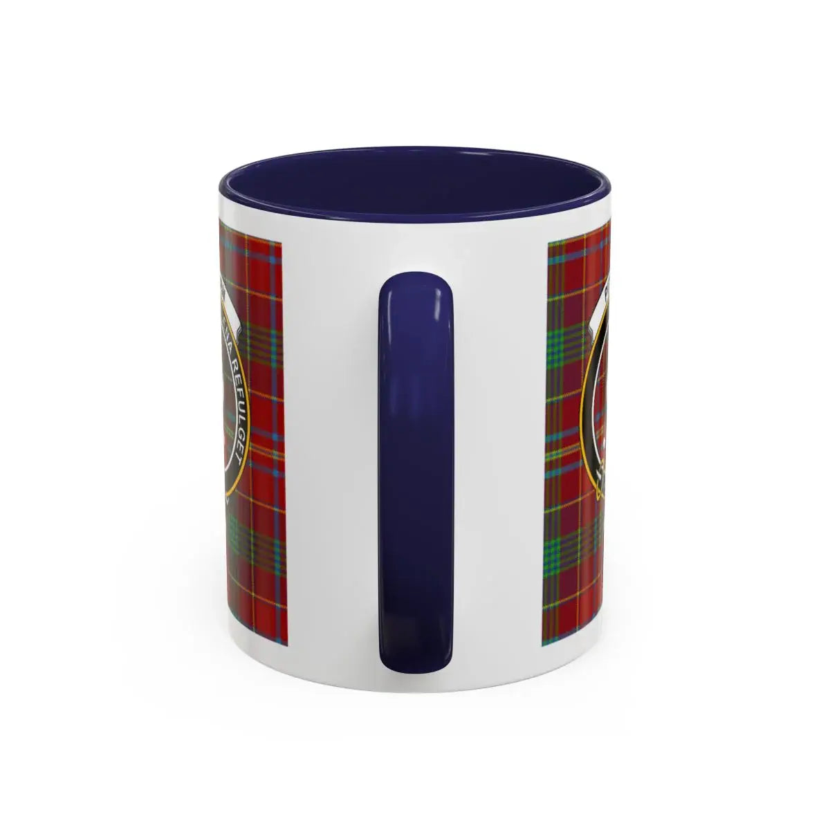 Pitcairn red tartan accent mug with clan crest — 15 oz ceramic Scottish heritage drinkware