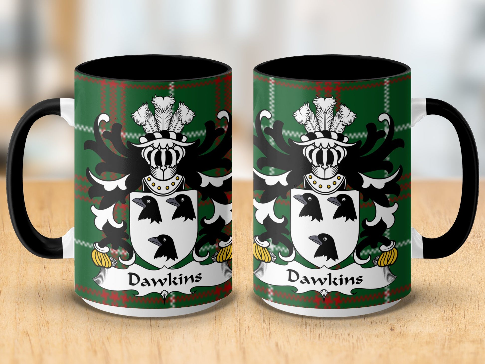 Dawkins Welsh Surname Coat of Arms on Tartan Background Mug - Living Stone Gifts