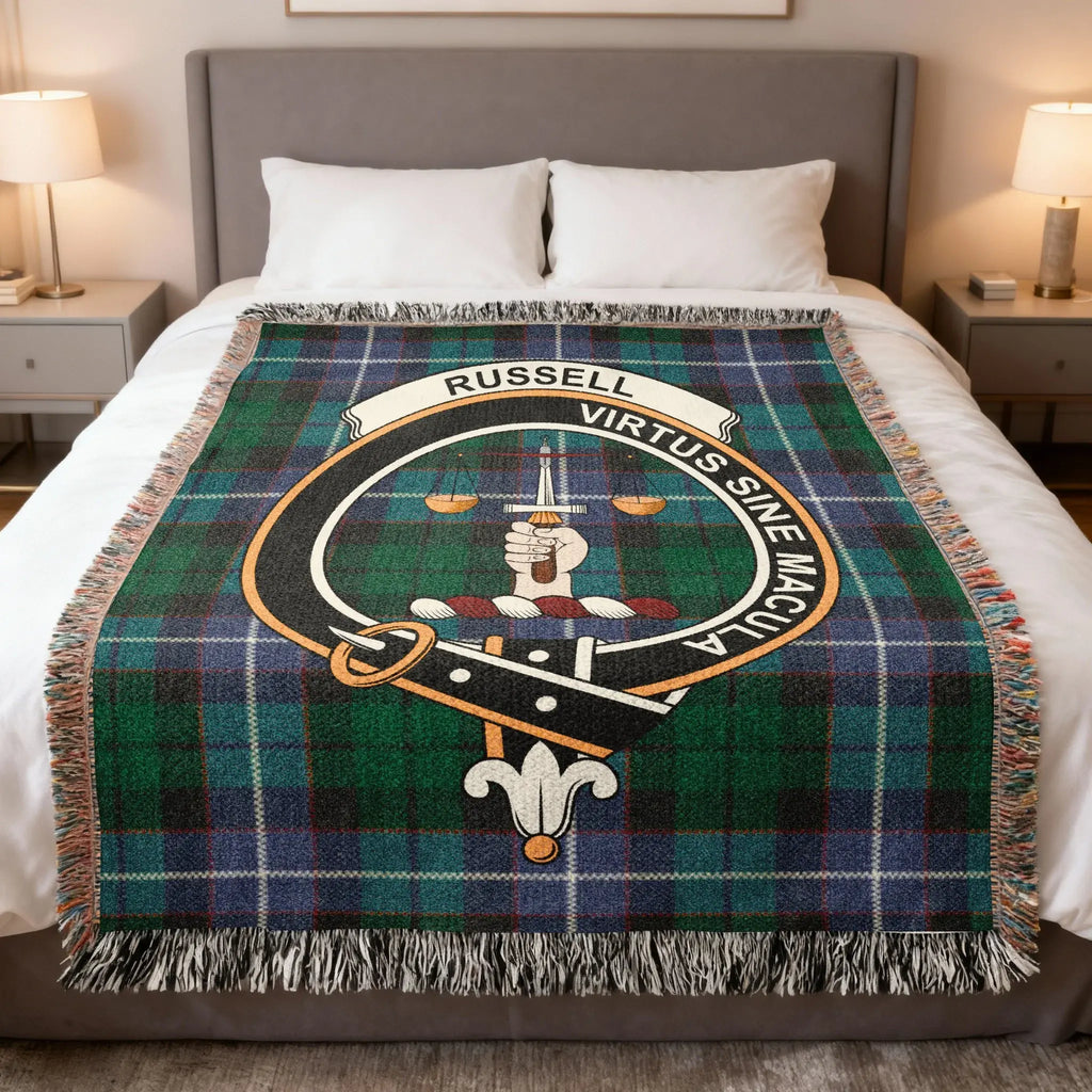 Russell clan tartan woven blanket — 100% cotton with Virtus Sine Macula crest