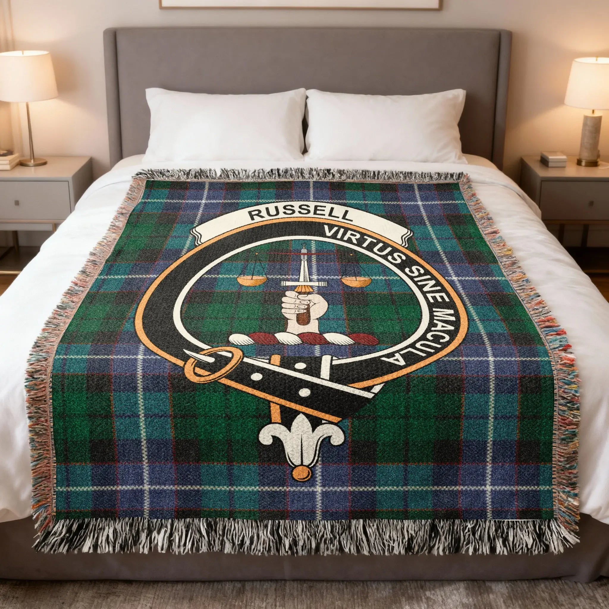 Russell clan tartan woven blanket — 100% cotton with Virtus Sine Macula crest