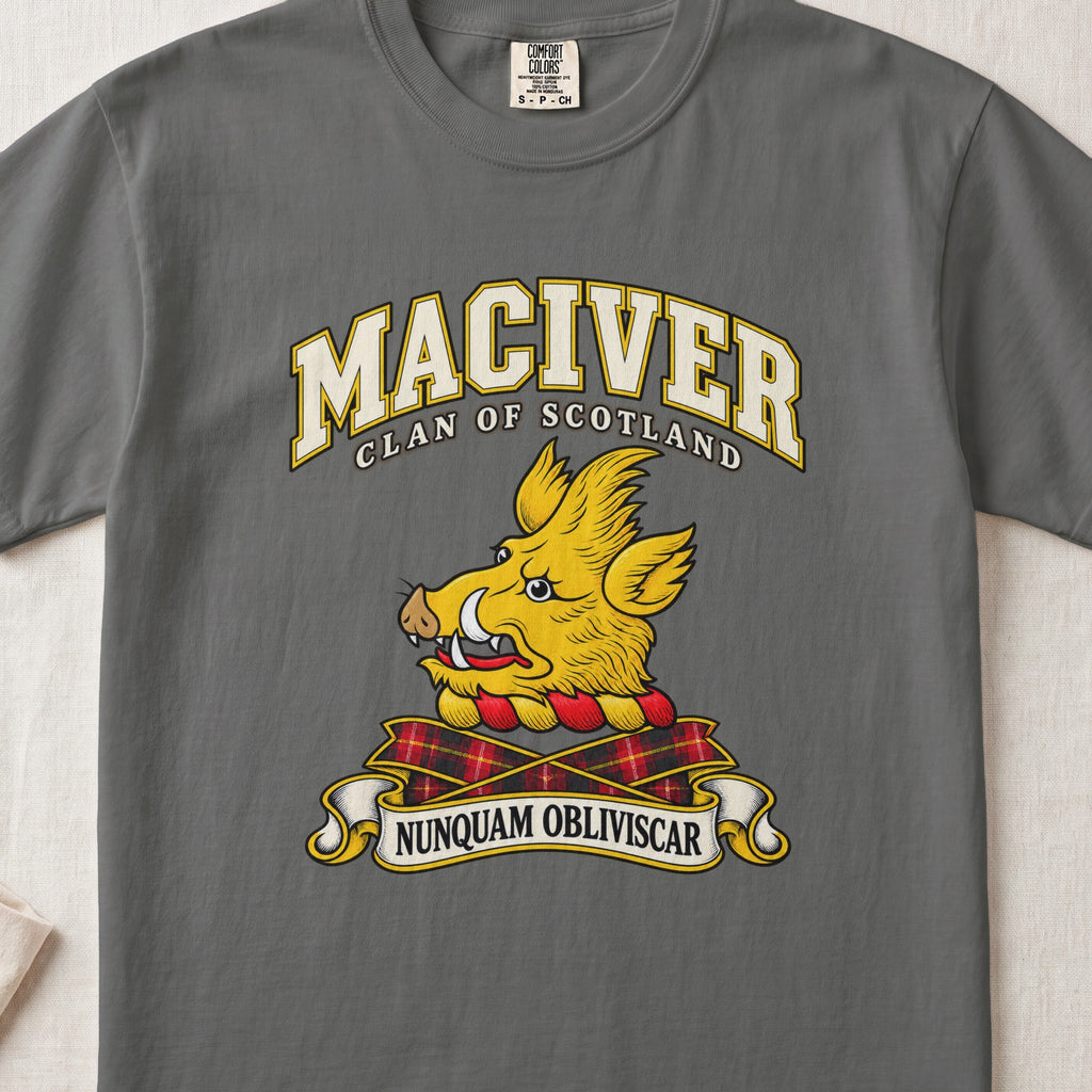 MacIver Scottish clan T-shirt in Pepper, front view with a golden boar head and motto design.