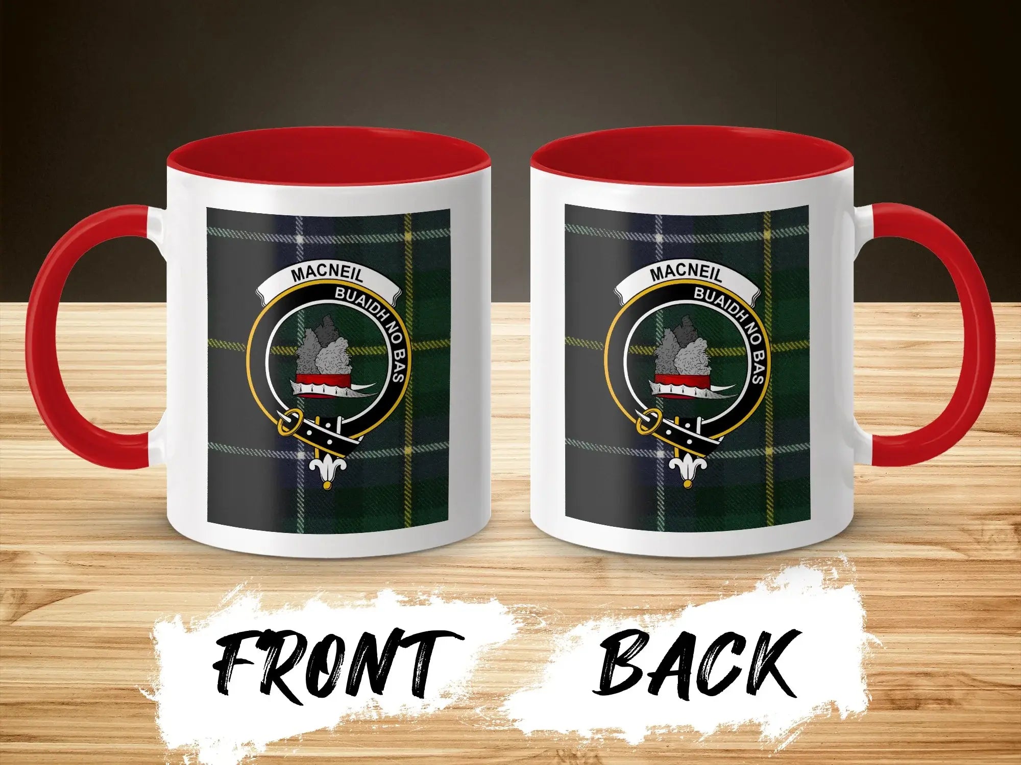 MacNeil clan crest and tartan accent mug in red colourway — 11oz ceramic
