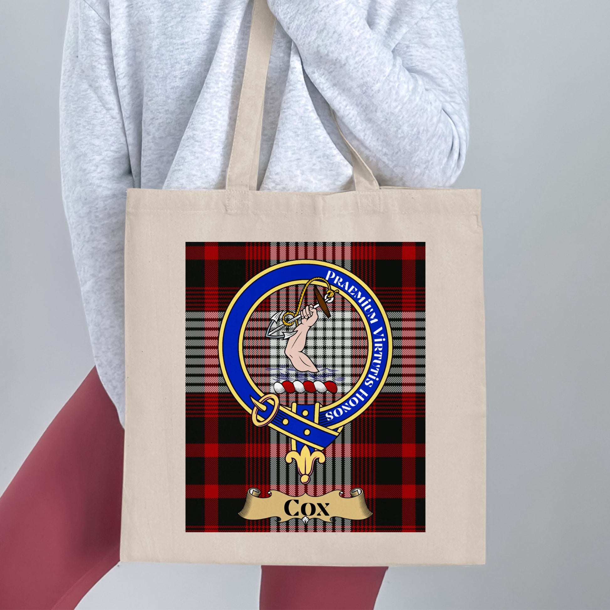 Cox Clan Scottish Tartan Crest Design Tote Bag - Living Stone Gifts