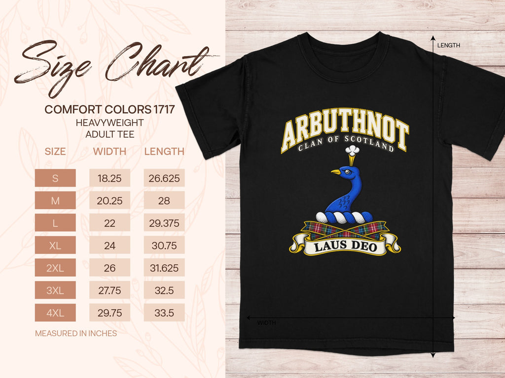 Comfort Colors 1717 size chart for the Arbuthnot Scottish clan T-shirt, adult sizes S–4XL.