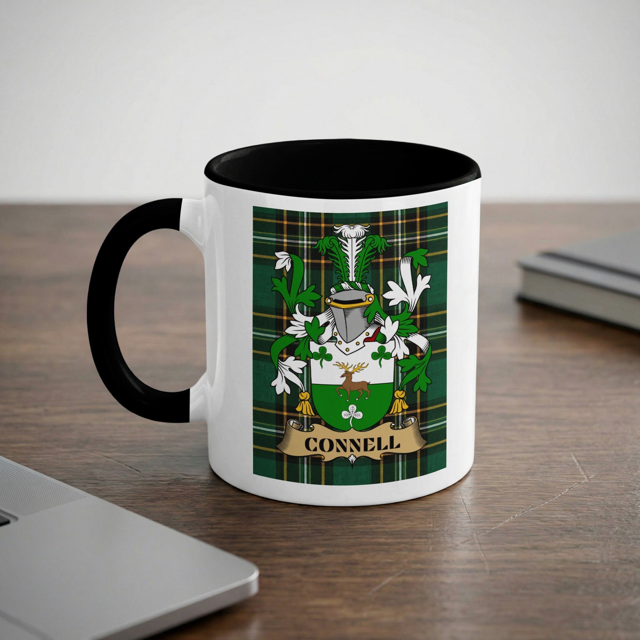 Connell 11 oz black accent mug featuring Irish family crest and tartan