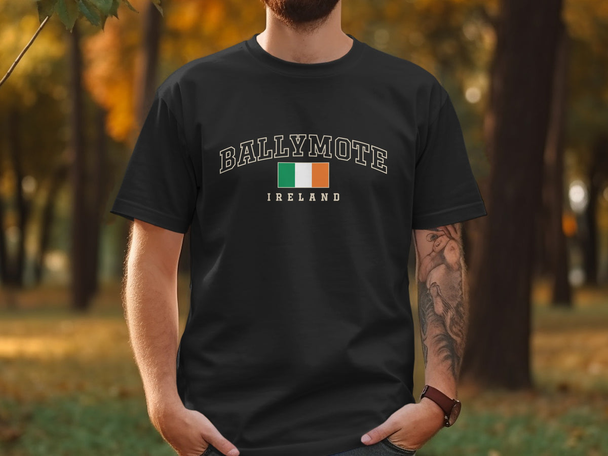 Black t-shirt with "BALLYMOTE IRELAND" and Irish flag on front.