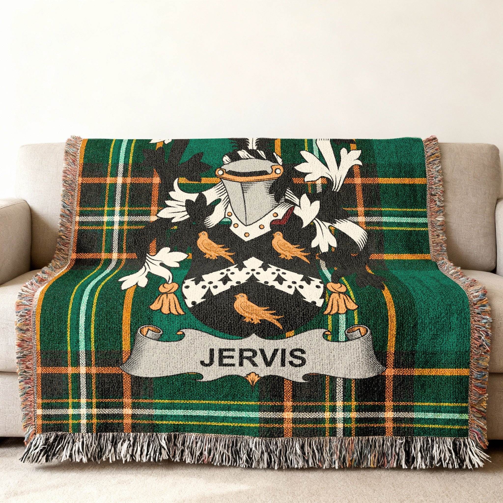 Green tartan plaid throw blanket with the JERVIS family crest.