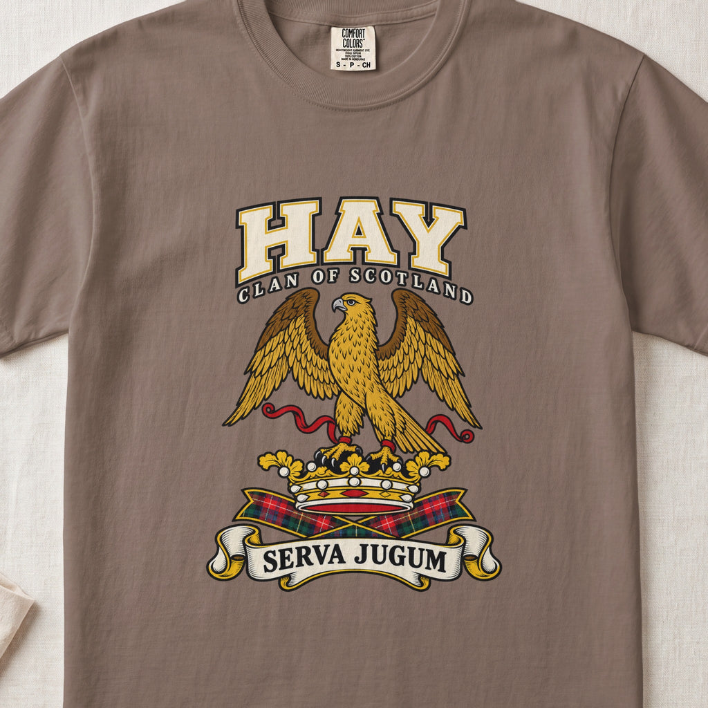 Hay graphic T-shirt in Espresso brown, front flat lay showing varsity lettering and gold eagle with spread wings and red ribbon.