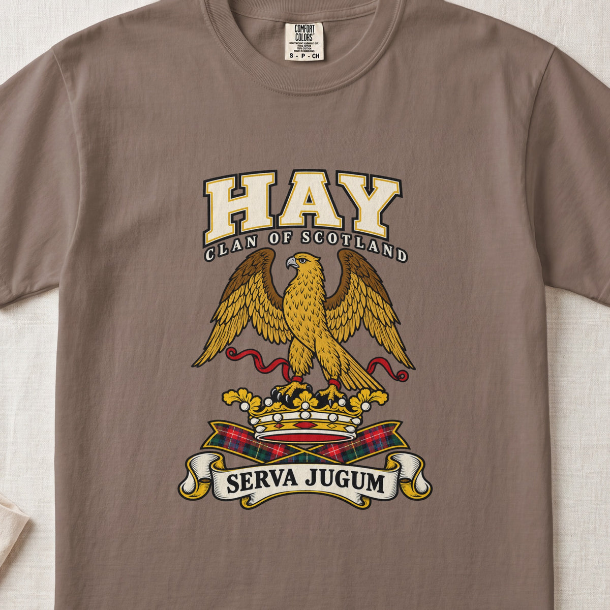 Hay graphic T-shirt in Espresso brown, front flat lay showing varsity lettering and gold eagle with spread wings and red ribbon.