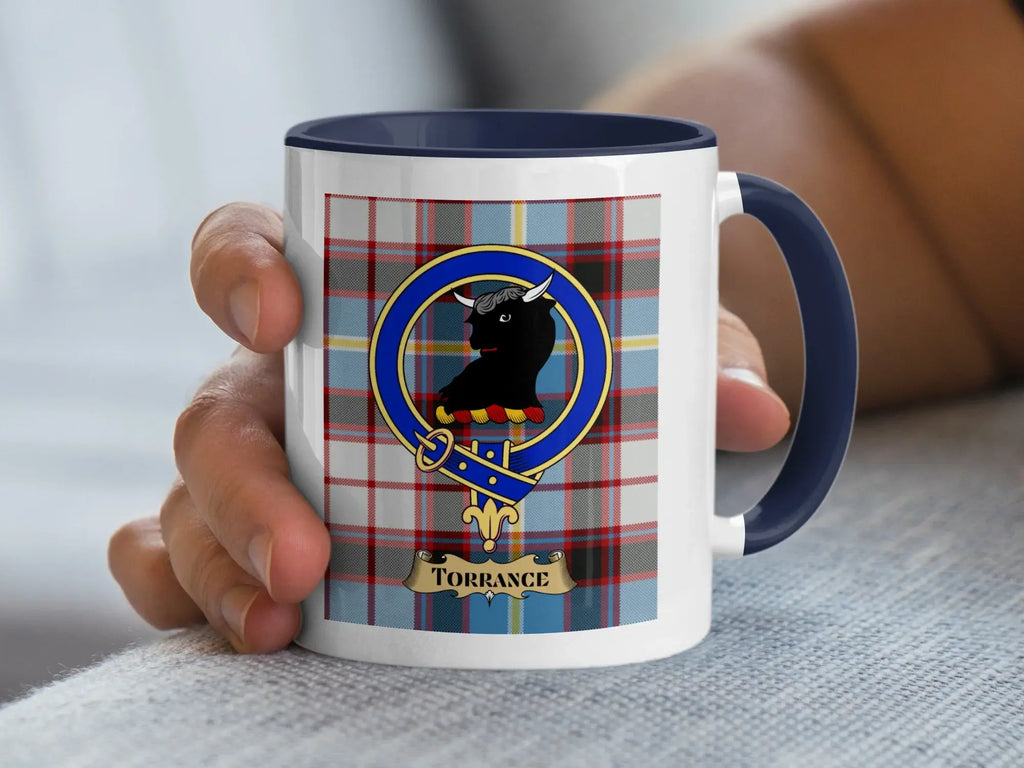 Torrance family crest coffee mug with a tartan-background design