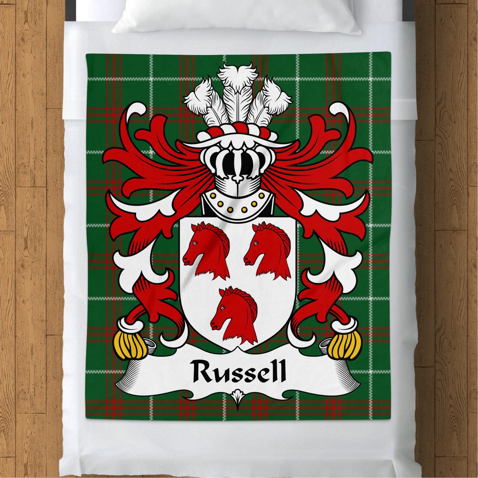 Russell Coat of Arms on Welsh Tartan Background Blanket - Living Stone Gifts