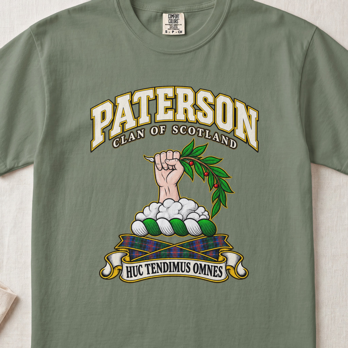 Paterson Scottish clan T-shirt in Moss, front view with a hand emerging from clouds and holding a leafy branch and motto banner.