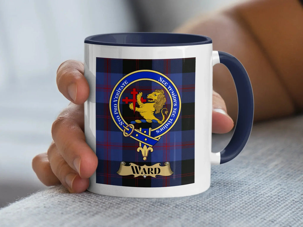 Ward family crest coffee mug with a tartan-background design