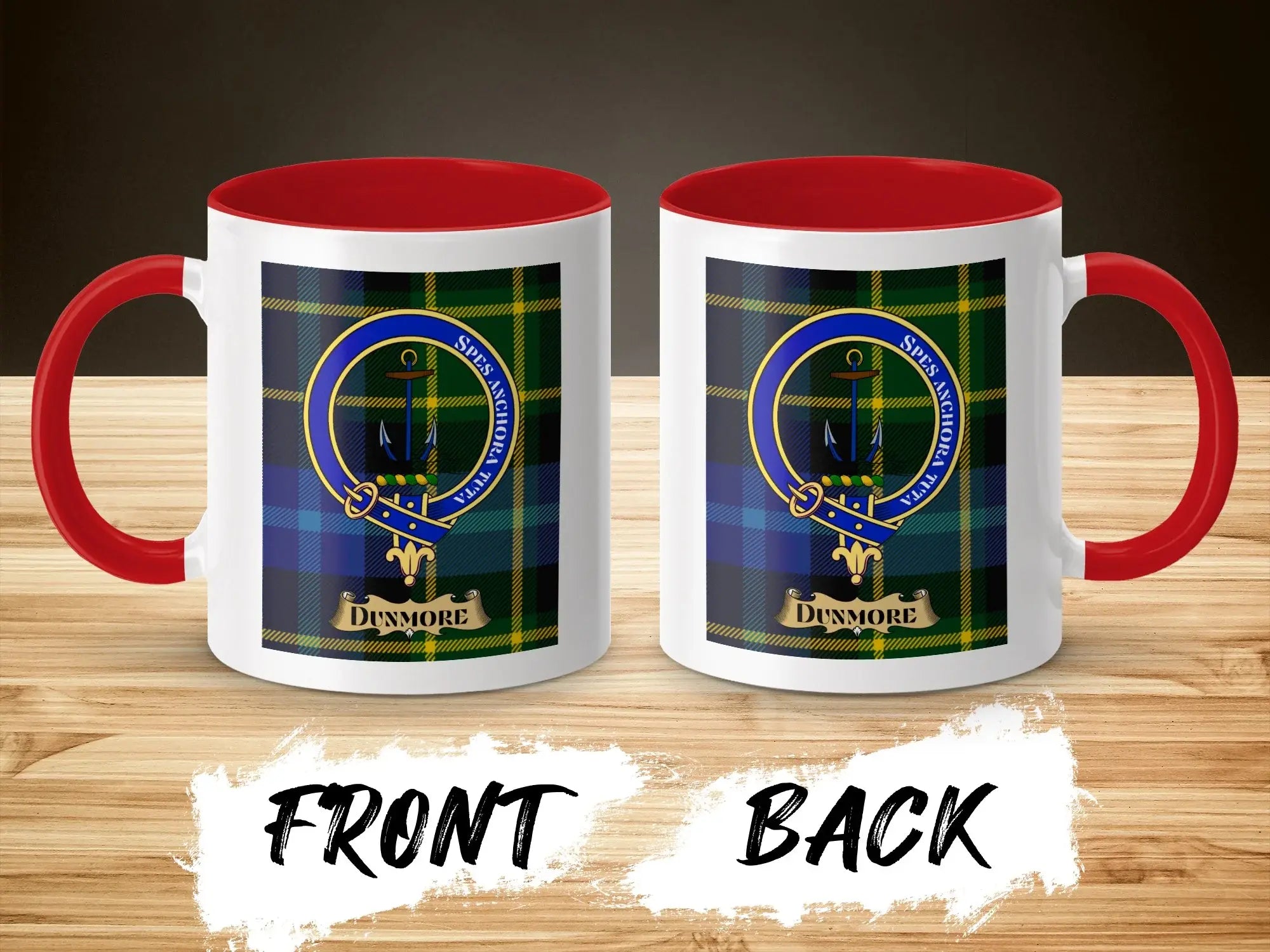 Dunmore tartan-background crest mug shown as a Scottish heritage gift
