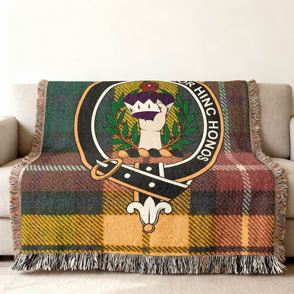 Buchanan clan crest tartan woven blanket — fringe edge detail, three sizes