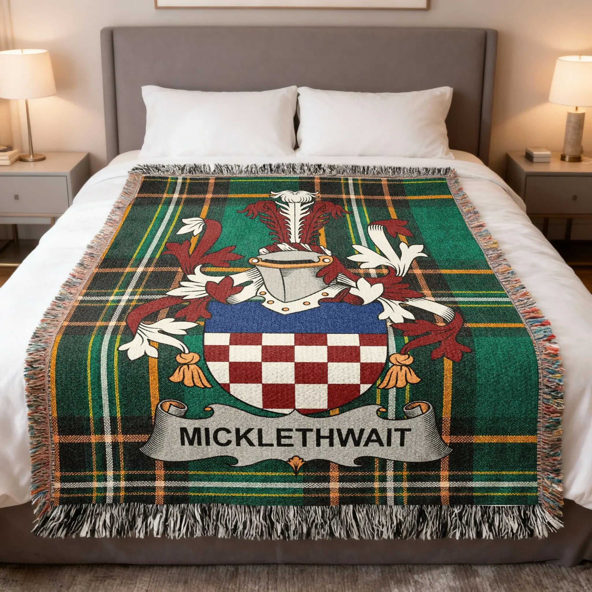 Micklethwait family crest on a plaid woven throw blanket.