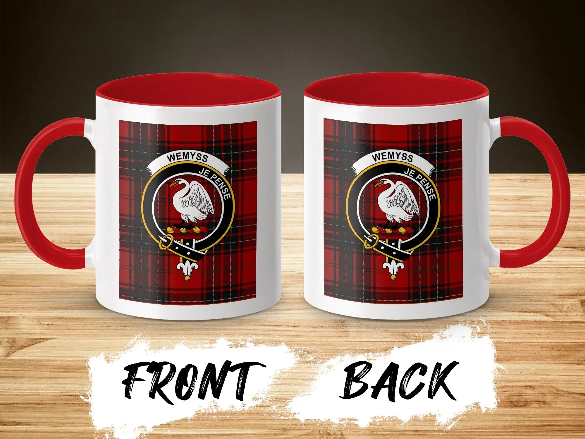 Wemyss je pense red plaid crest mug — unique gift, 11oz ceramic