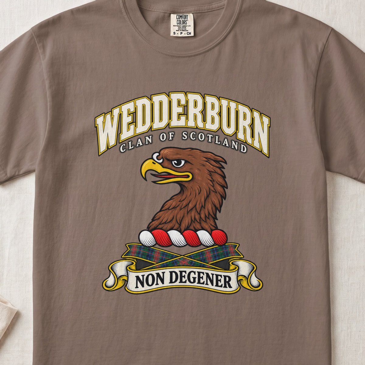 Wedderburn Scottish clan T-shirt in Espresso, front view with a brown eagle head and motto design.
