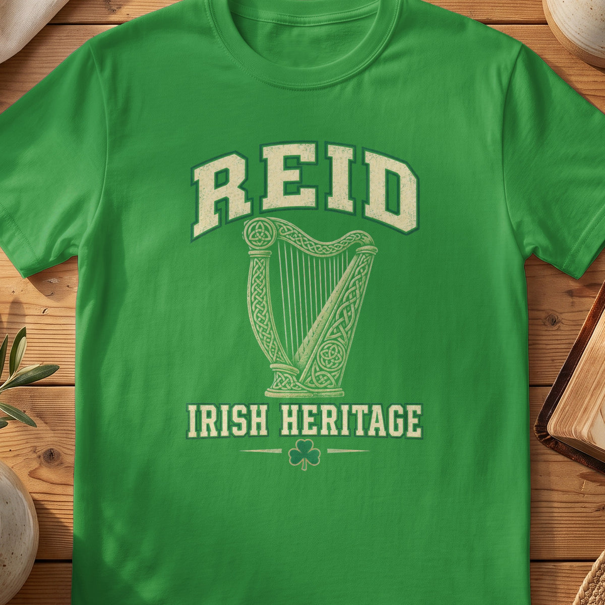 Reid Irish Heritage green Gildan 64000 T-shirt with Celtic harp design