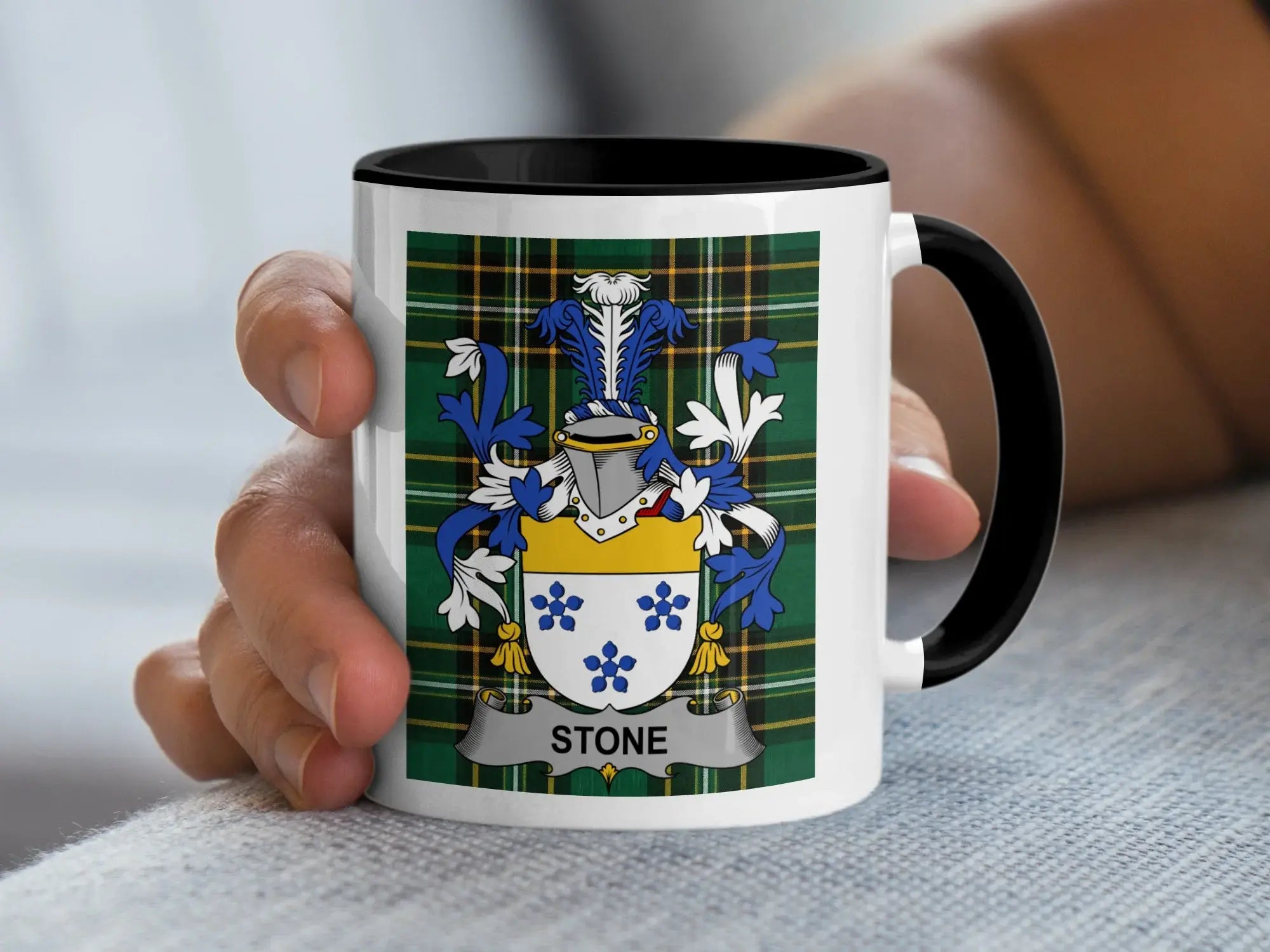 Stone Irish family crest black accent mug with Irish National Tartan