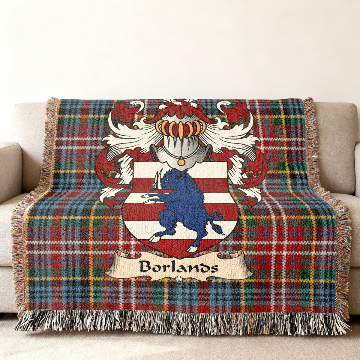 Borlands Scottish family shield woven blanket on a Caledonia tartan background