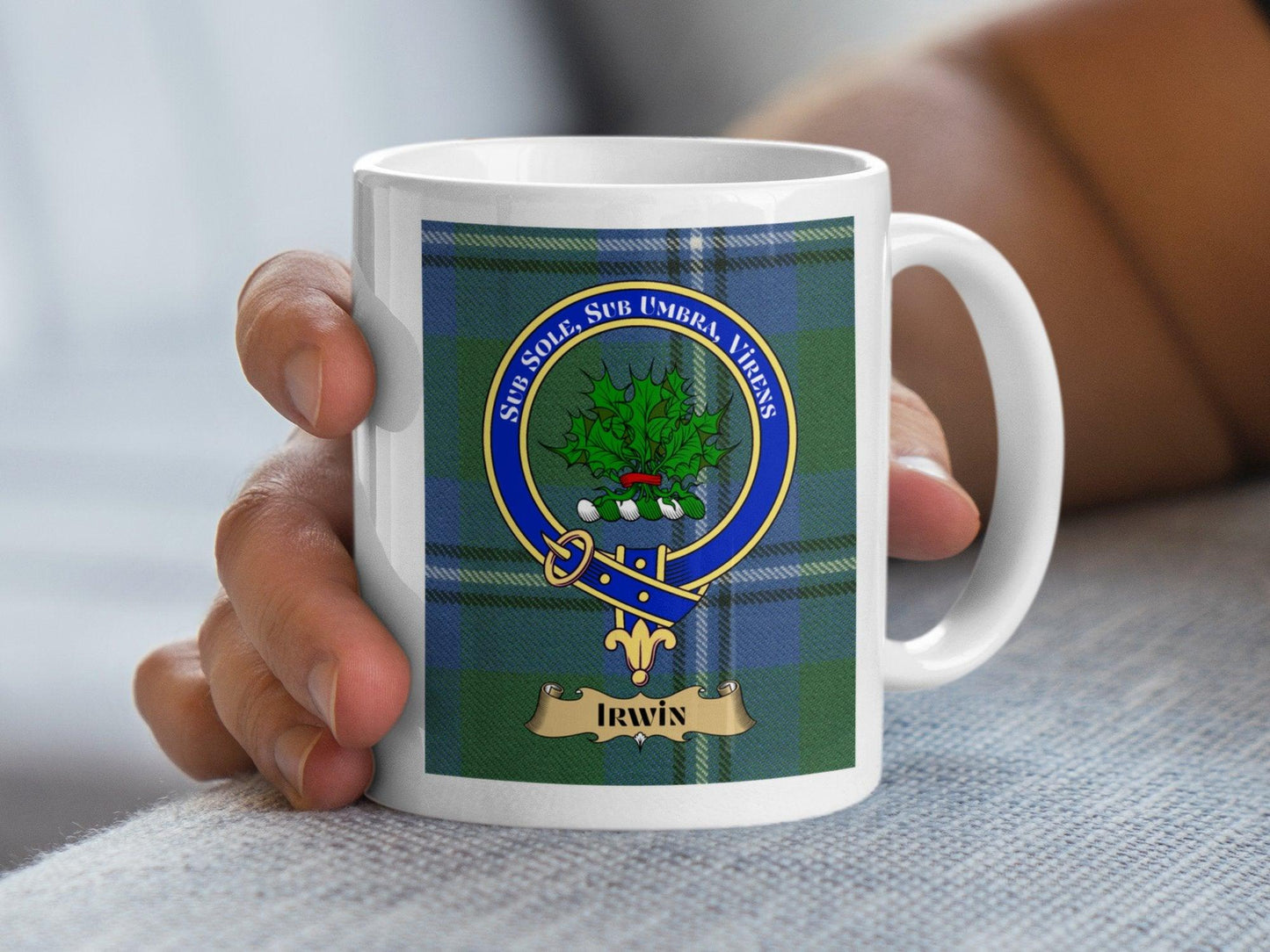 Scottish Clan Irwin Crest Blue Plaid Pattern Mug - Living Stone Gifts