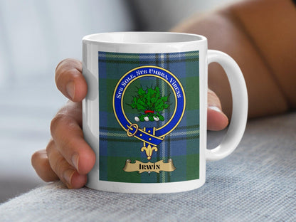 Scottish Clan Irwin Crest Blue Plaid Pattern Mug - Living Stone Gifts