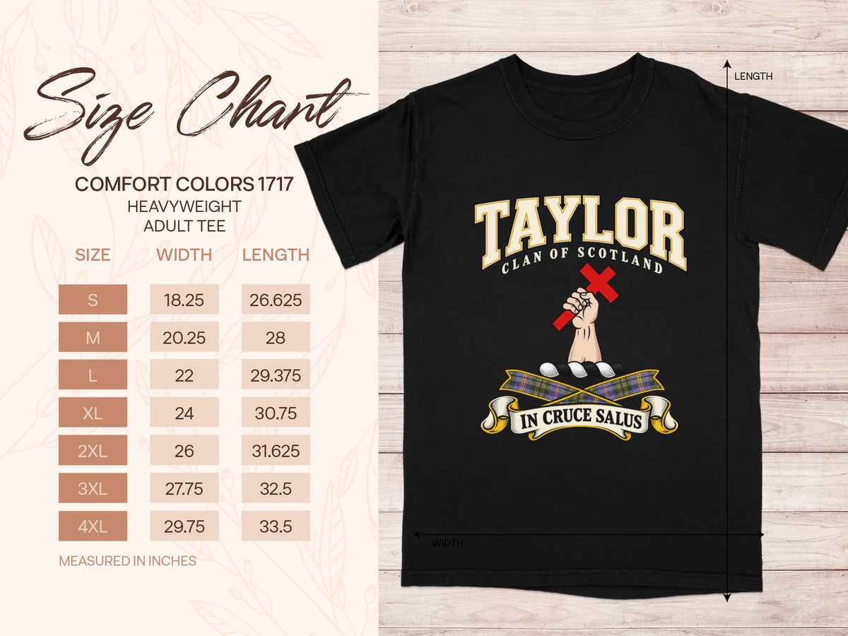 Comfort Colors 1717 size chart in inches with a black Taylor clan crest T-shirt preview