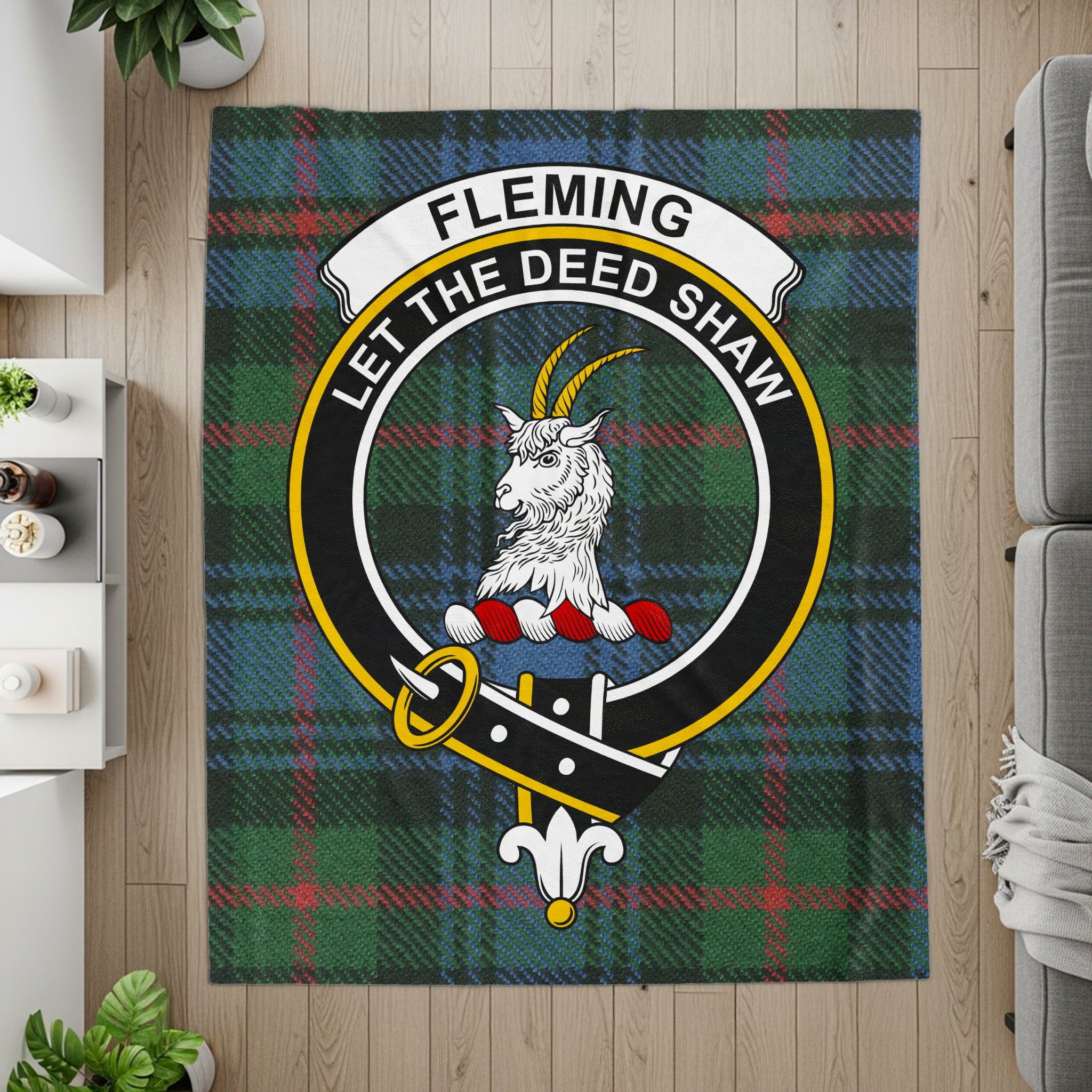 Fleming crest and tartan printed throw blanket — flat lay detail