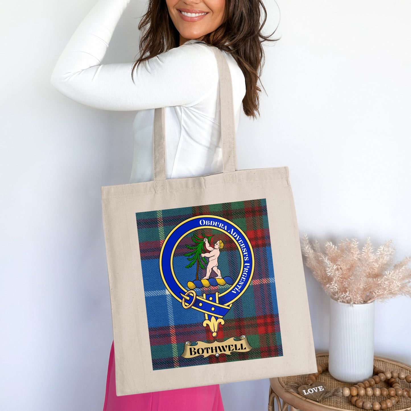 Bothwell Clan Crest on Tartan Design Tote Bag - Living Stone Gifts