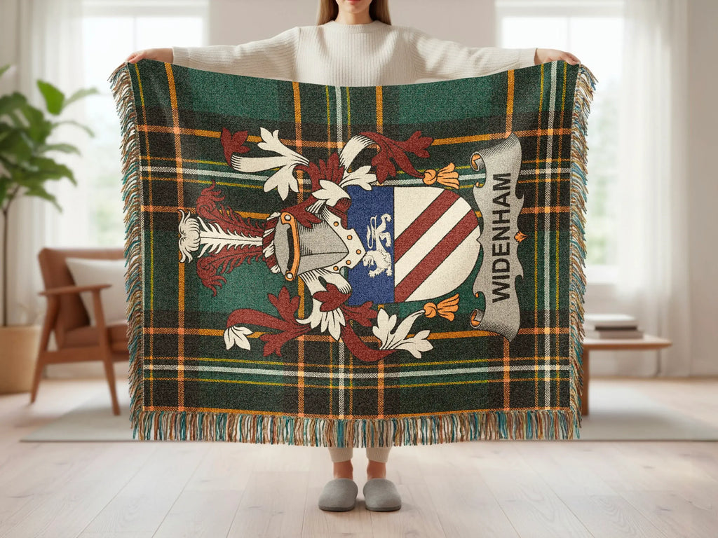 Tartan blanket with family crest displaying "WIDENHAM".