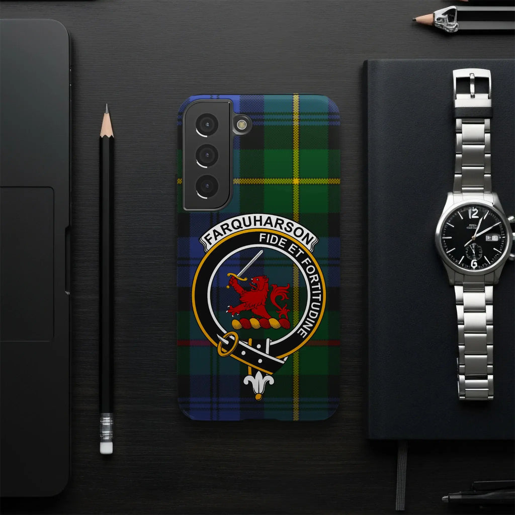 Farquharson Scottish clan crest phone case — full edge-to-edge tartan wrap, Samsung model