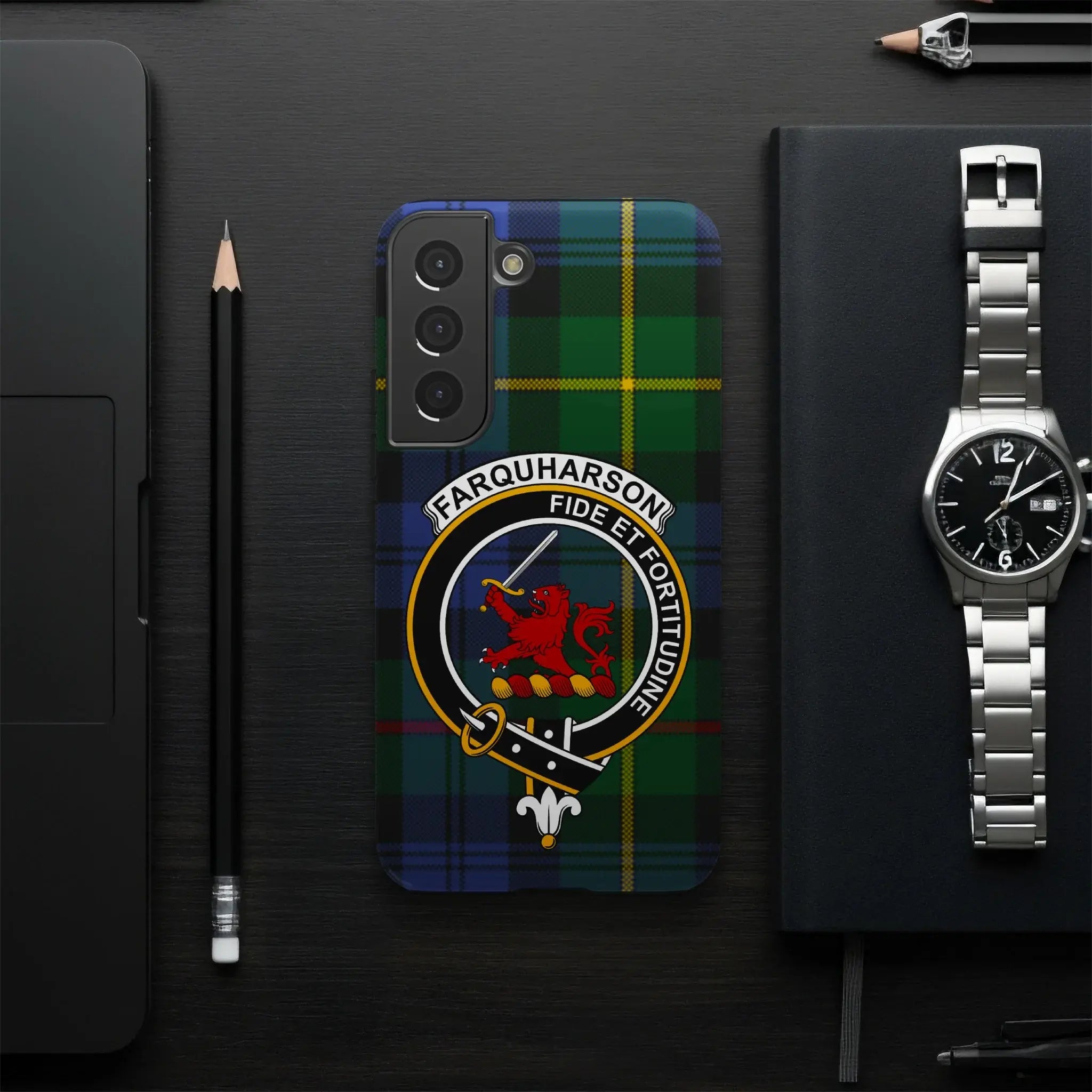 Farquharson Scottish clan crest phone case — full edge-to-edge tartan wrap, Samsung model