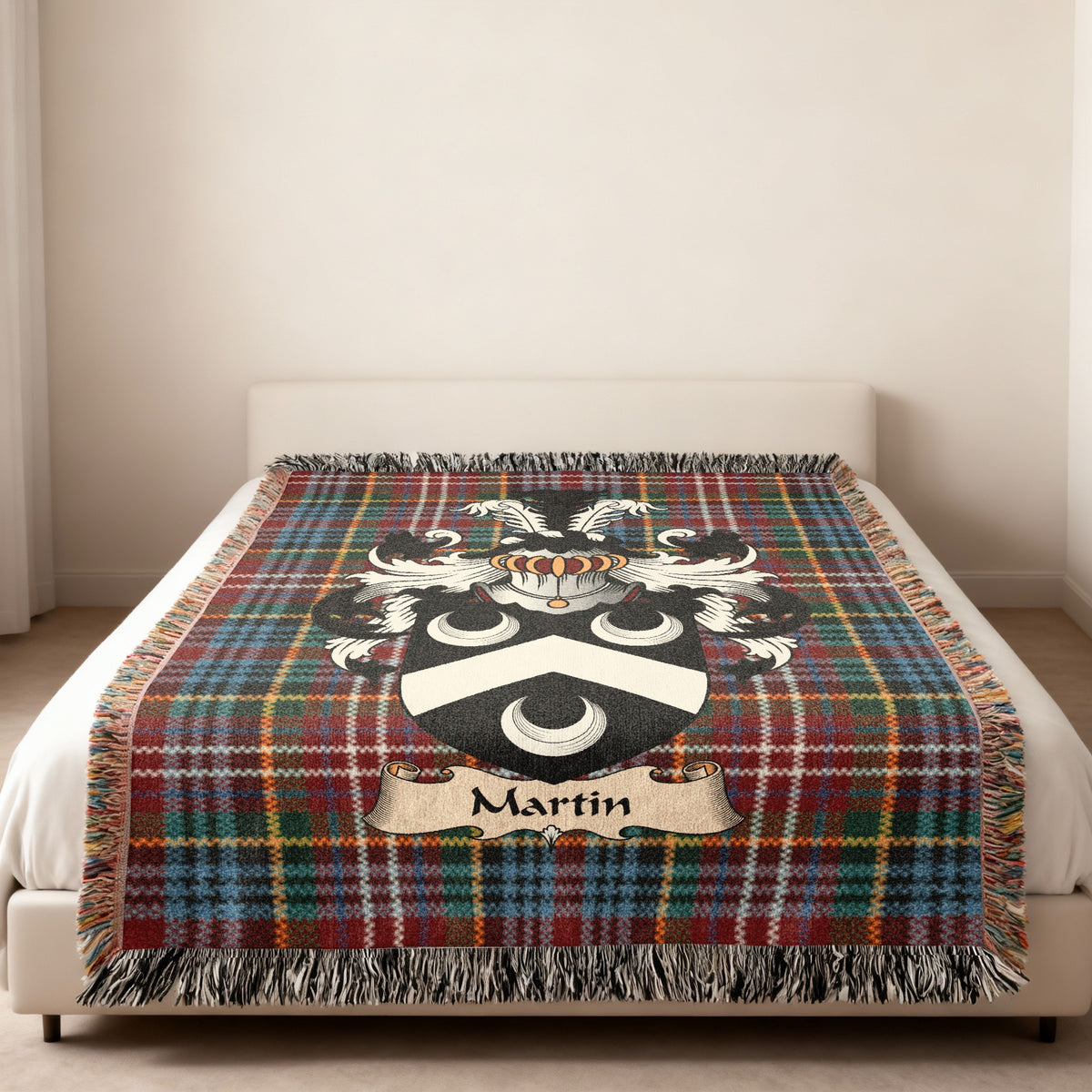 Martin Scottish family shield woven blanket on a Caledonia tartan background