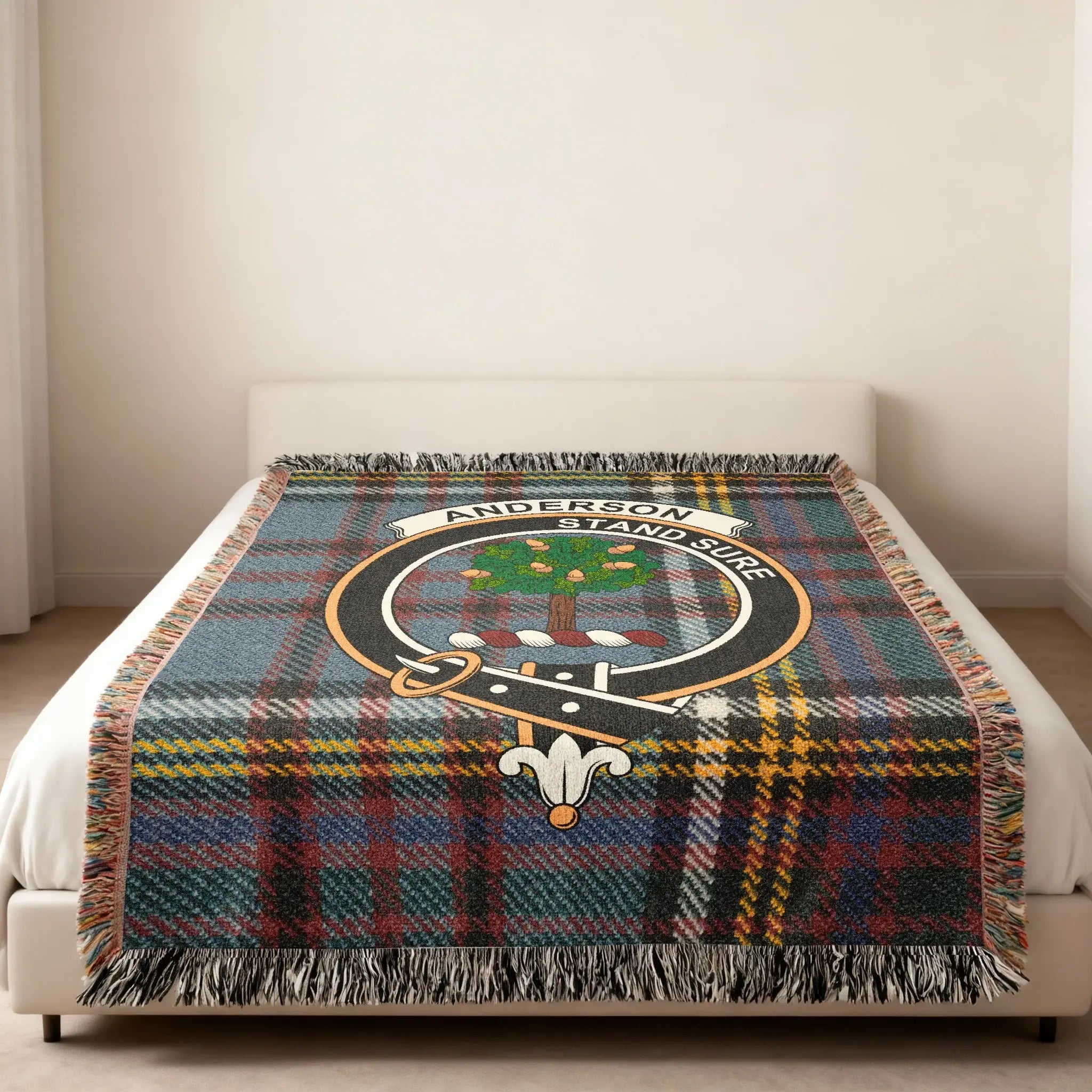 Anderson woven blanket closeup — clan crest and tartan detail, Scottish ancestry design